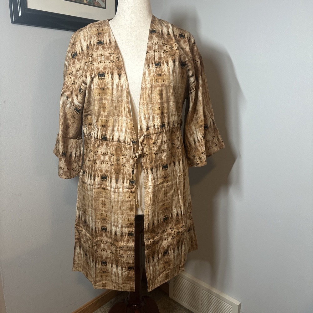 AmberNoon II Sz Small Brown Abstract Cover Up Top Open Front Tie Closure NWT